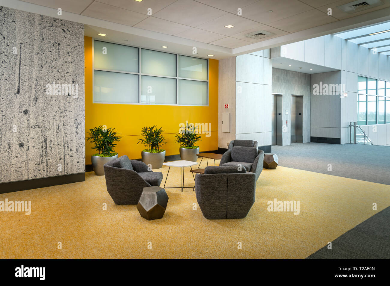 Commercial Office Building Interior Large Hallway With Seating, Philadelphia, PA USA Stock Photo