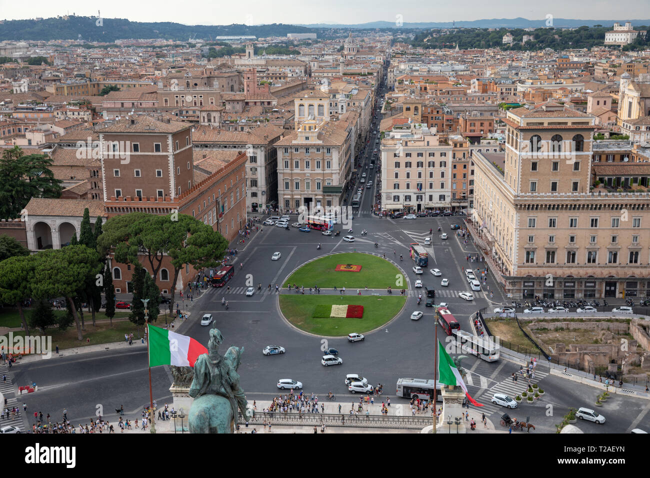 Rome, Italy - June 21, 2018: Panoramic view of Piazza Venezia and city from Vittorio Emanuele II Monument also known as the Vittoriano in Rome. Traffi Stock Photo