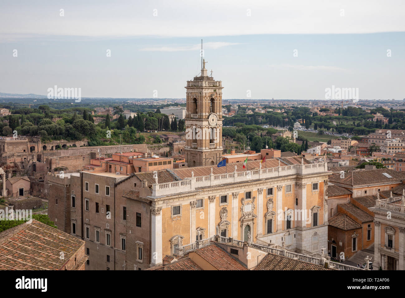 Rome, Italy - June 21, 2018: Panoramic view of Palazzo Senatorio and city Rome from Vittorio Emanuele II Monument also known as the Vittoriano. Summer Stock Photo