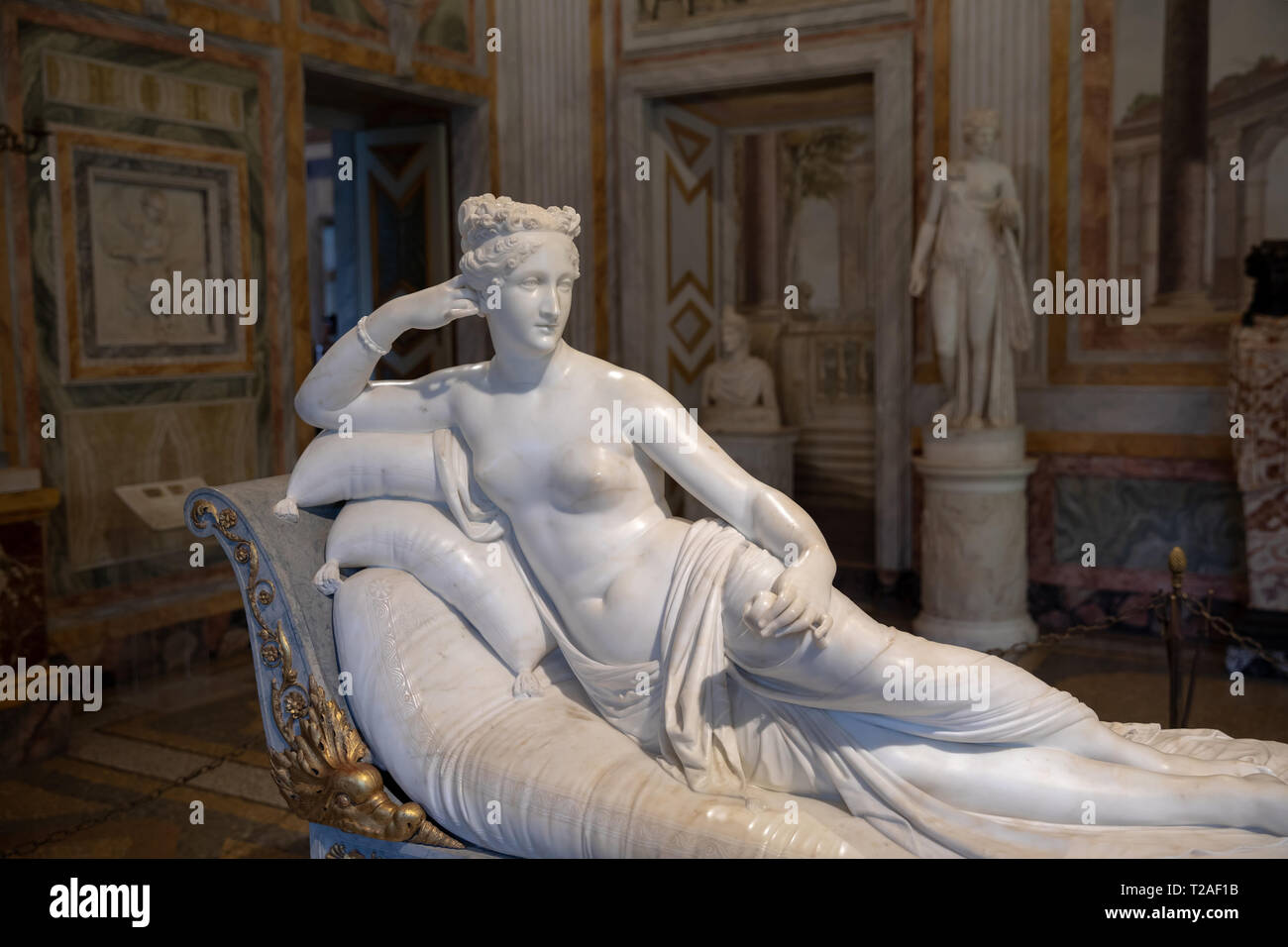 Rome, Italy - June 22, 2018: Baroque marble sculpture Pauline Bonaparte by Antonio Canova in Galleria Borghese of Villa Borghese Stock Photo