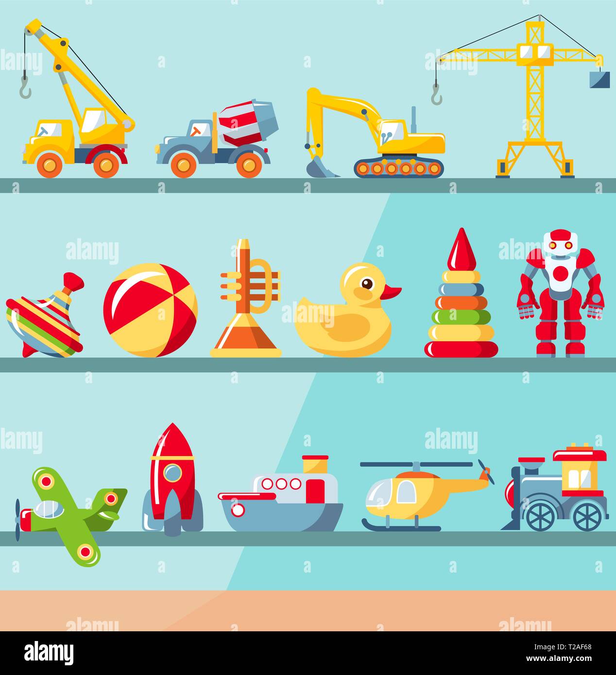 Childhood concept. Shop shelves with children toys set. with