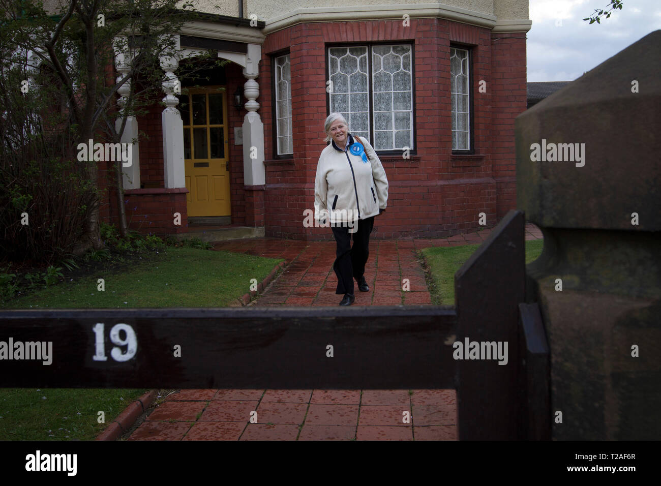 Former Conservative government minister and Member of Parliament Anne Widdecombe, campaigning in Hoylake during the 2015 General Election campaign. The town was situated in the Wirral West constituency, held by Minister of State for Employment, Esther McVey for the Conservative Party. The seat was a key marginal and was a straight fight between McVey and her Labour Party challenger Margaret Greenwood. Stock Photo