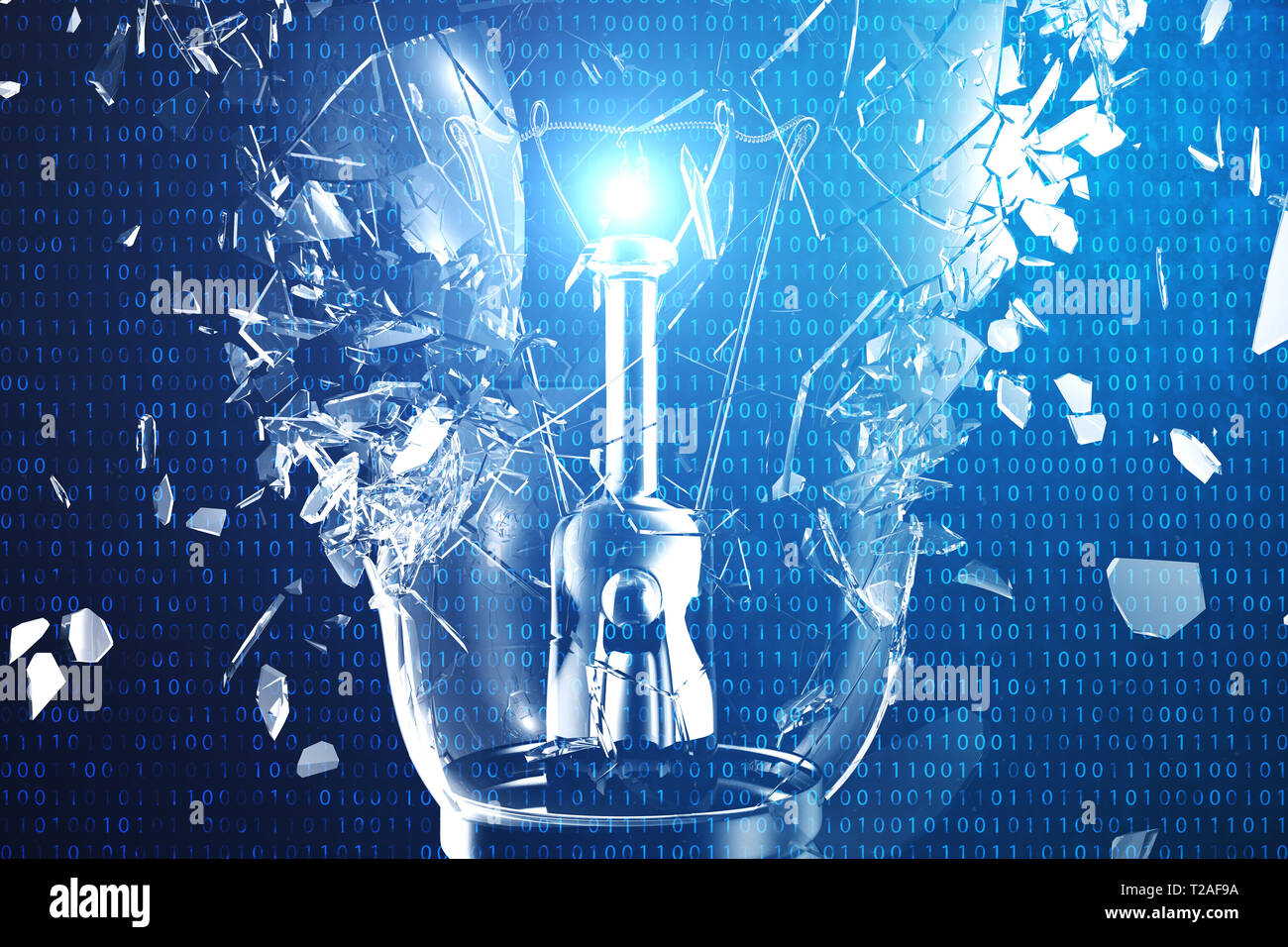 3D Illustration Exploding light bulb on a blue background, with concept ...