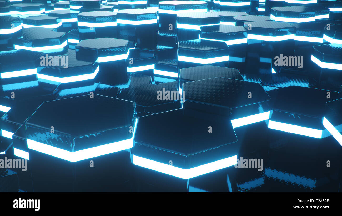 Abstract blue of futuristic surface hexagon pattern with light rays ...