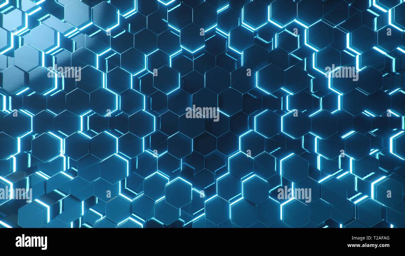Abstract blue of futuristic surface hexagon pattern with light rays ...