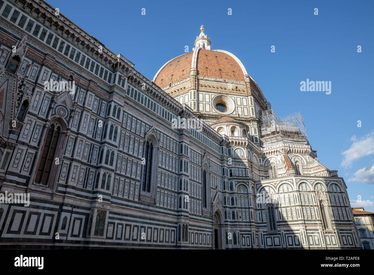 Closeup view of facade of Cattedrale di Santa Maria del Fiore (Cathedral of Saint Mary of the Flower) is the cathedral of Florence Stock Photo