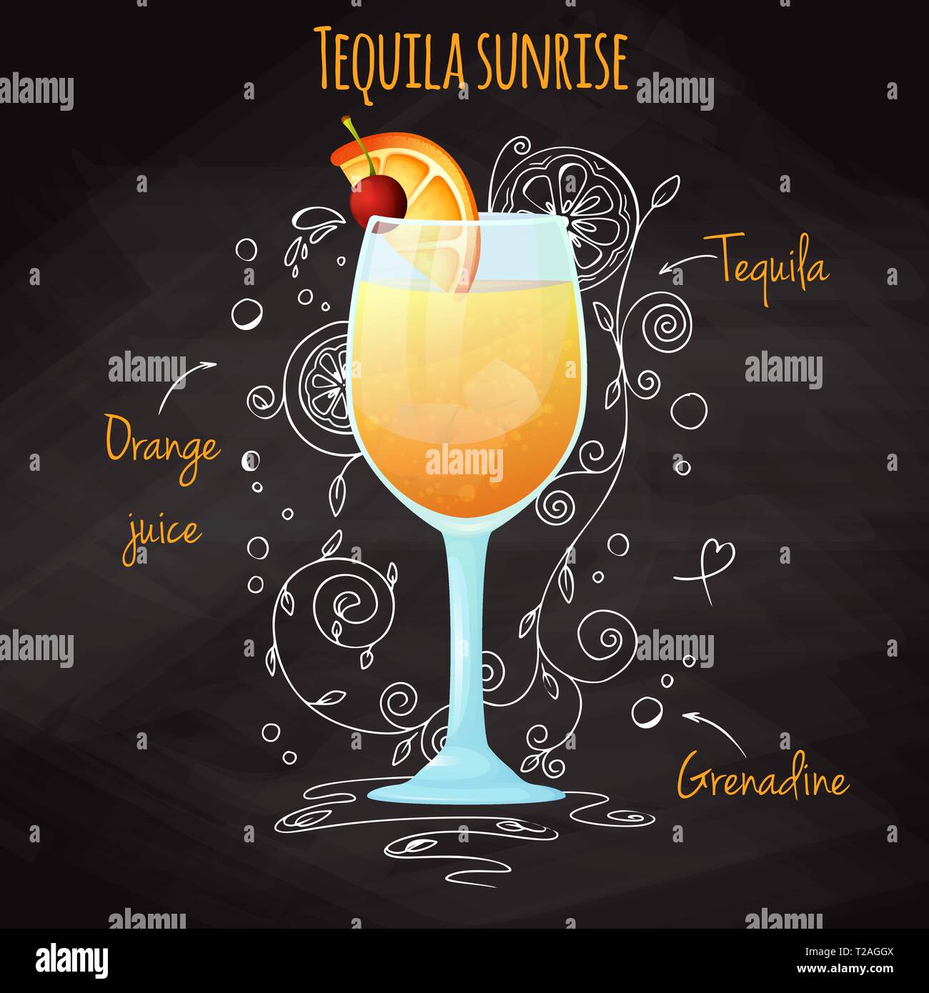 Simple recipe for an alcoholic cocktail Tequila Sunrise. Drawing chalk