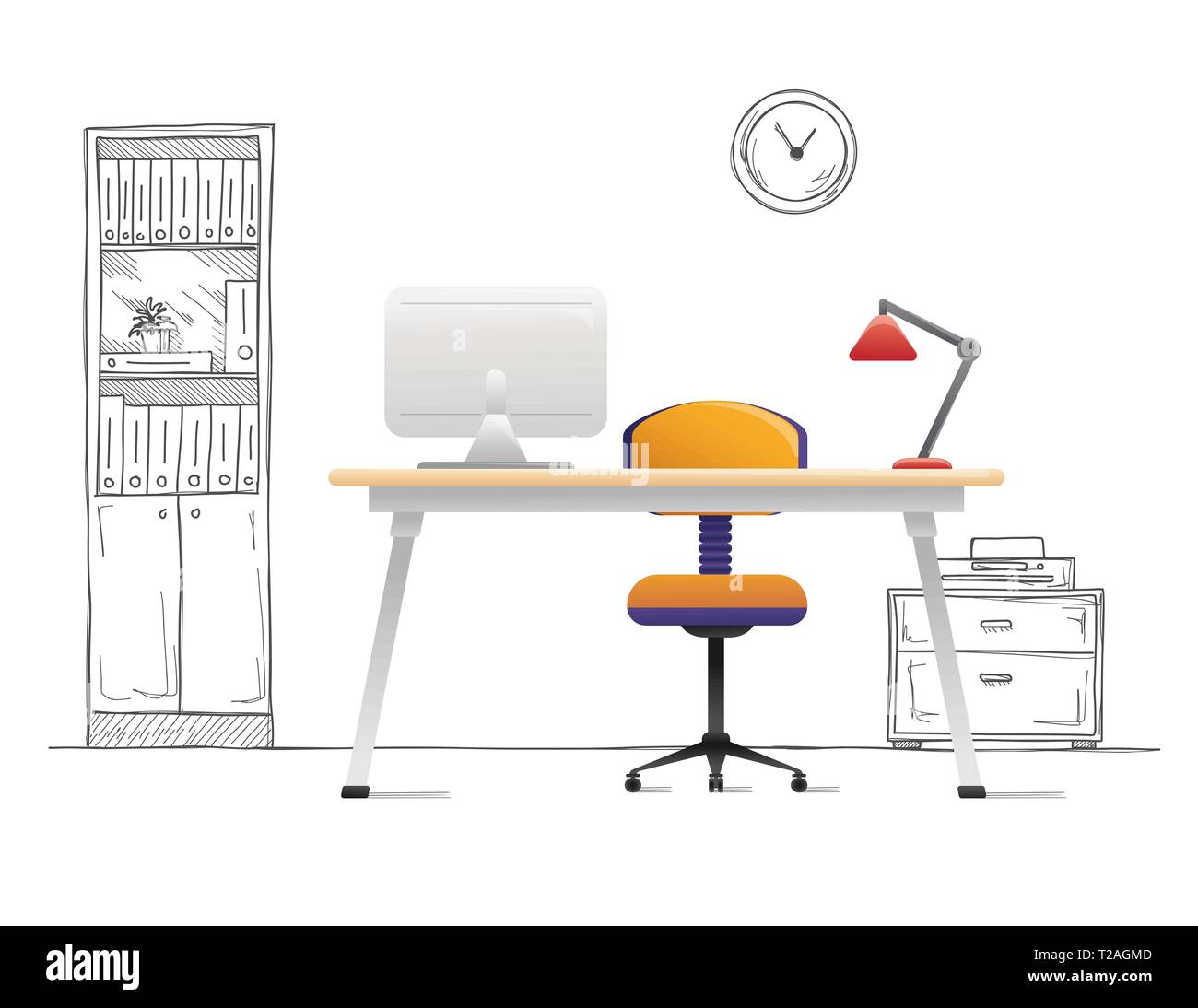 Office chair, desk, various objects on the table. Workspace in flat style. Vector illustration Stock Vector
