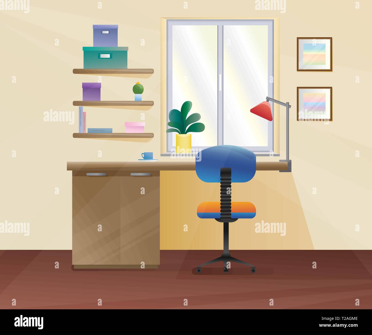 Office chair, desk, various objects on the table. Workspace in flat style. Vector illustration Stock Vector