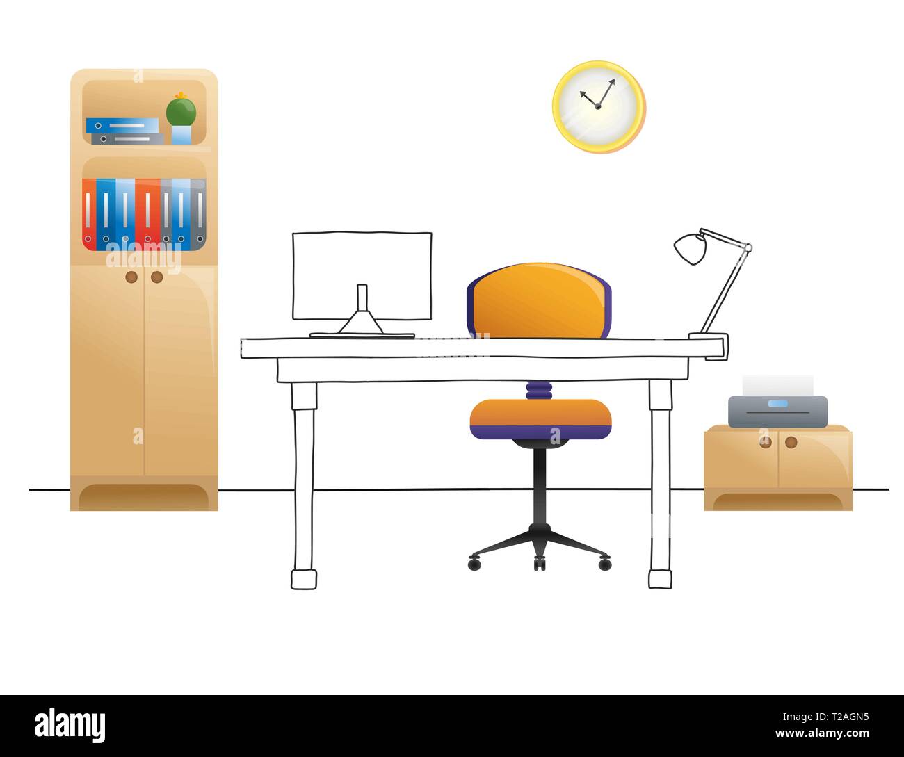 Office chair, desk, various objects on the table. Workspace in flat style. Vector illustration Stock Vector