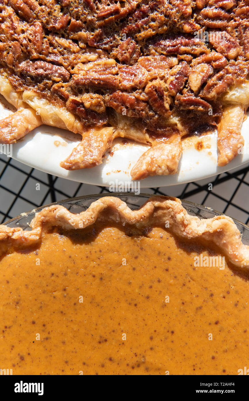 Pumpkin and pecan pies on a cooling rack Stock Photo