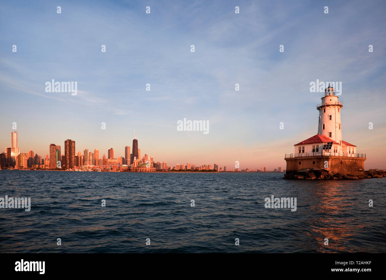 Chicago Harbor Lighthouse at sunrise in Chicago, Illinois, USA Stock Photo