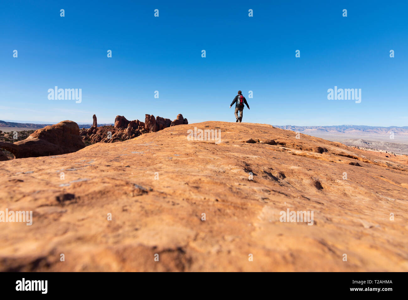 Man hiking on rock in Arches National Park, Utah, USA Stock Photo