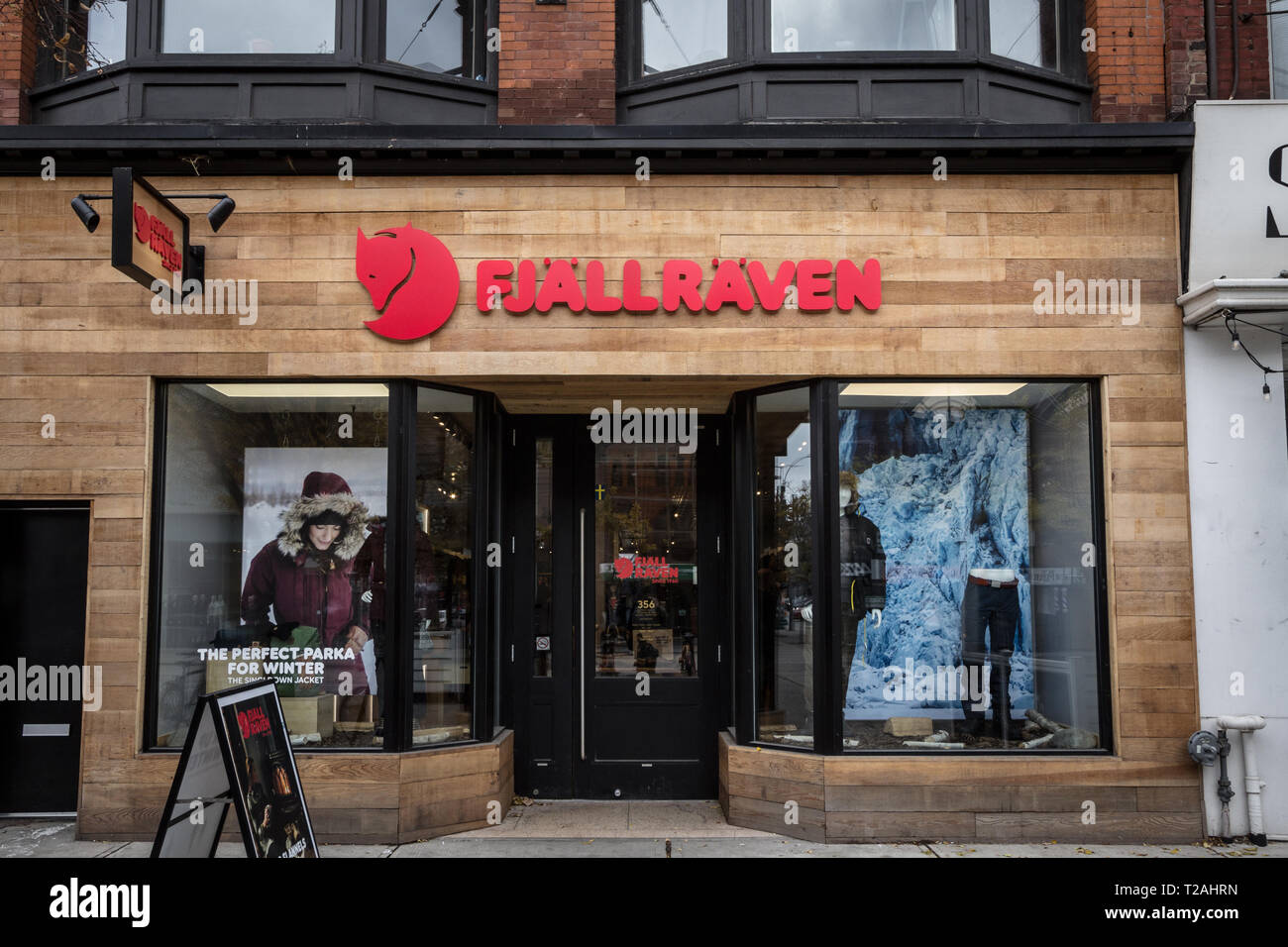 TORONTO, CANADA - NOVEMBER 13, 2018: Fjallraven logo in front of their local store in downtown Toronto, Ontario. Fjallraven is a Swedish clothing and Stock Photo