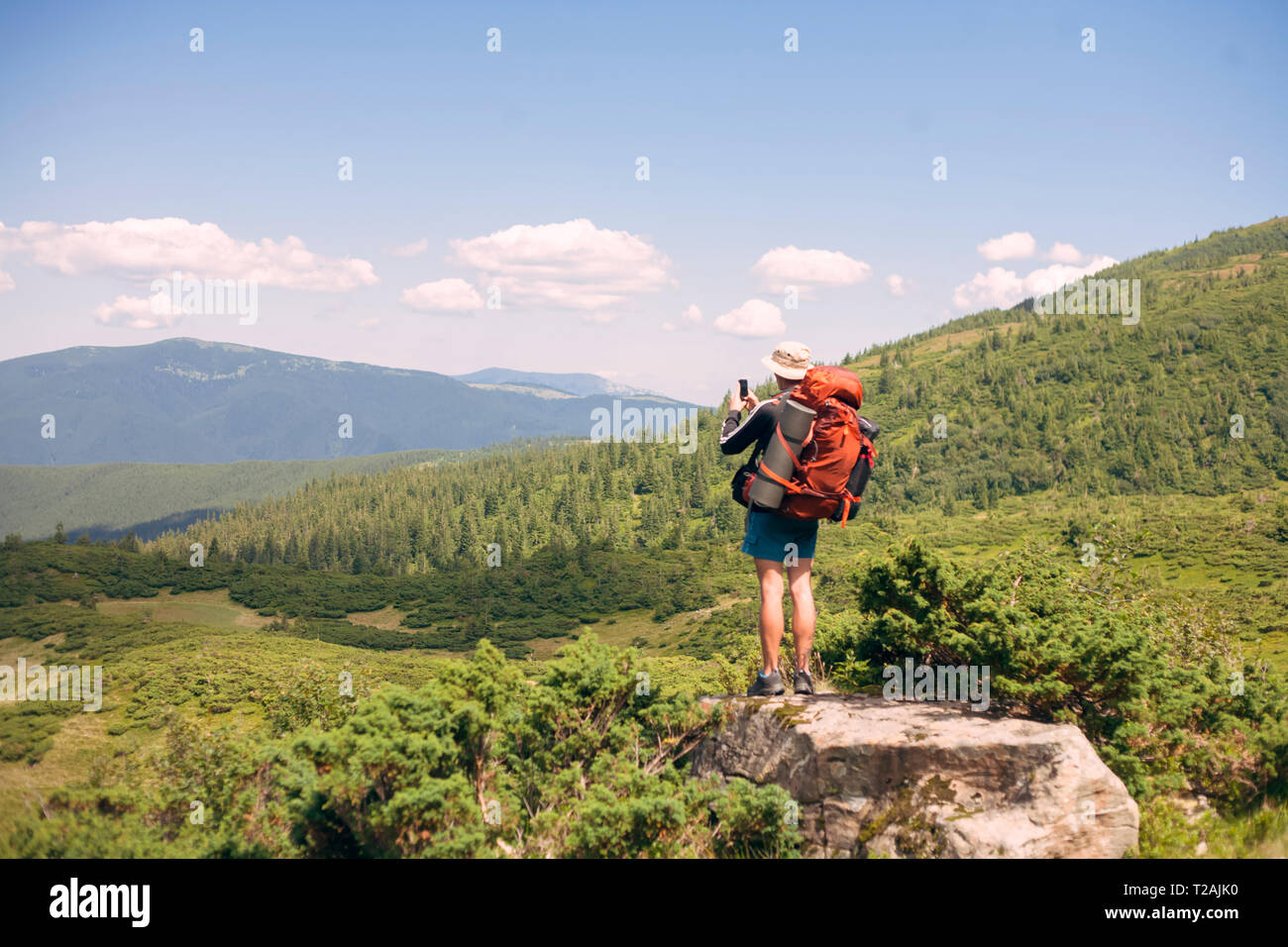 Man hiking in the Carpathian Mountain Range Stock Photo