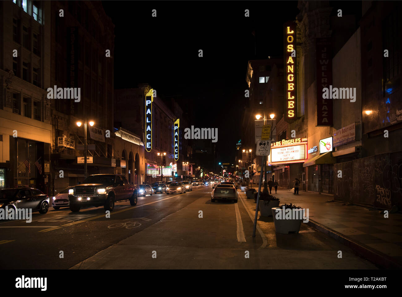 The historic Broadway Theatre District at night in Los Angeles.  Editorial, Exclusive Stock Photo