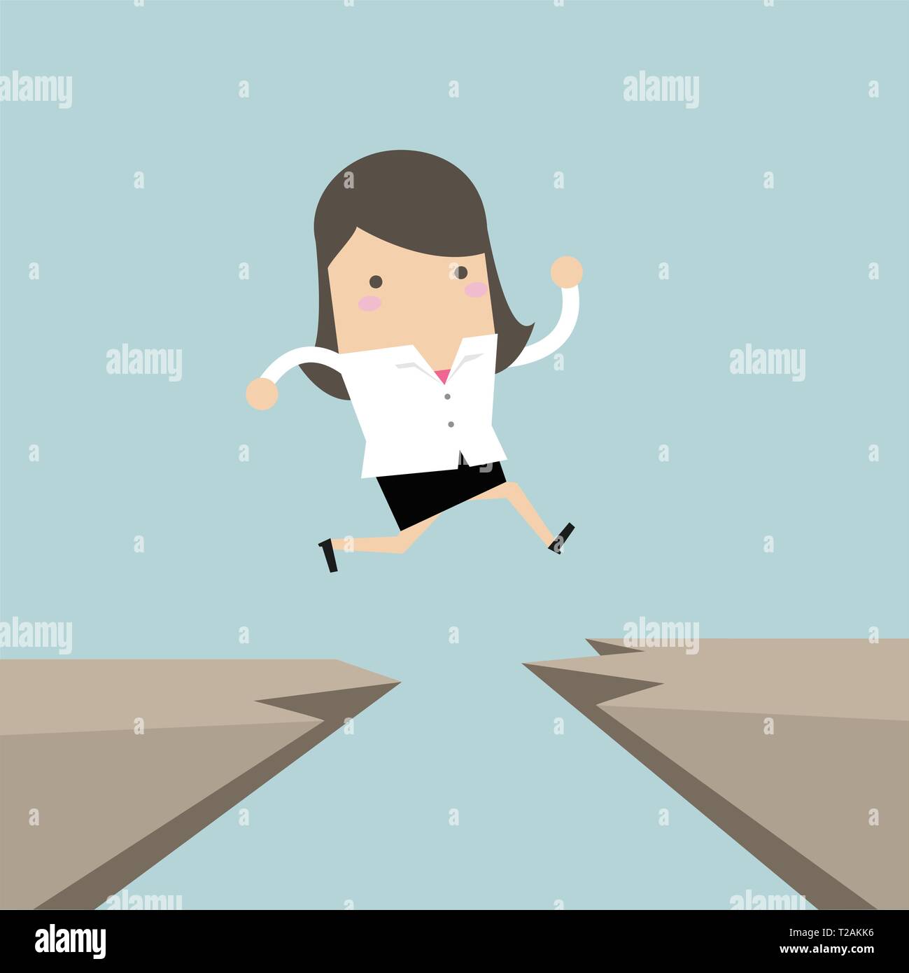 Businesswoman jump through the gap from one cliff to another. Stock Vector