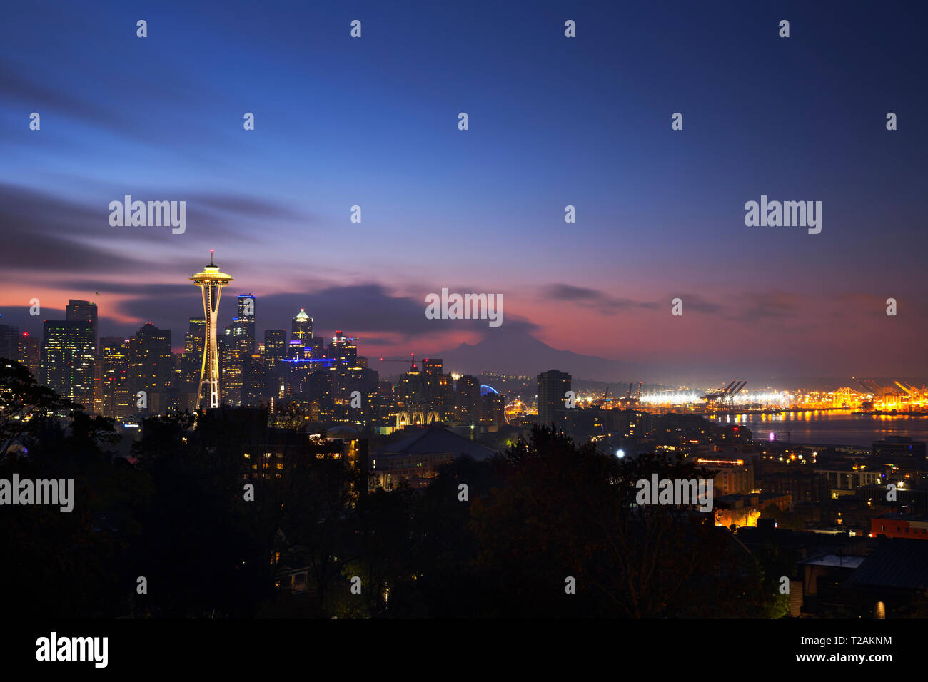 WA16102-00...WASHINGTON - The Space Needle and the highrises of downtown Seattle from Kerry Park, 2018. Stock Photo