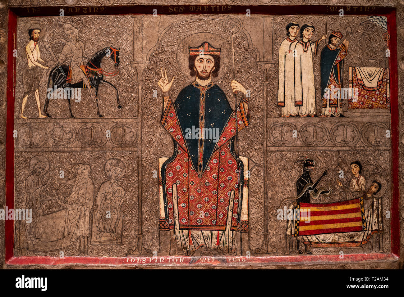 Romanesque art in the National Art Museum of Catalonia,Barcrelona,front of the altar of Gia (second half of the 13th century), Sant Martí de Gia churc. Stock Photo