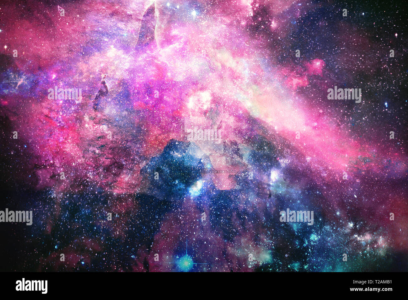 Abstract bright colorful universe. Nebula night starry sky in rainbow colors. Multicolor outer space. Stock Photo