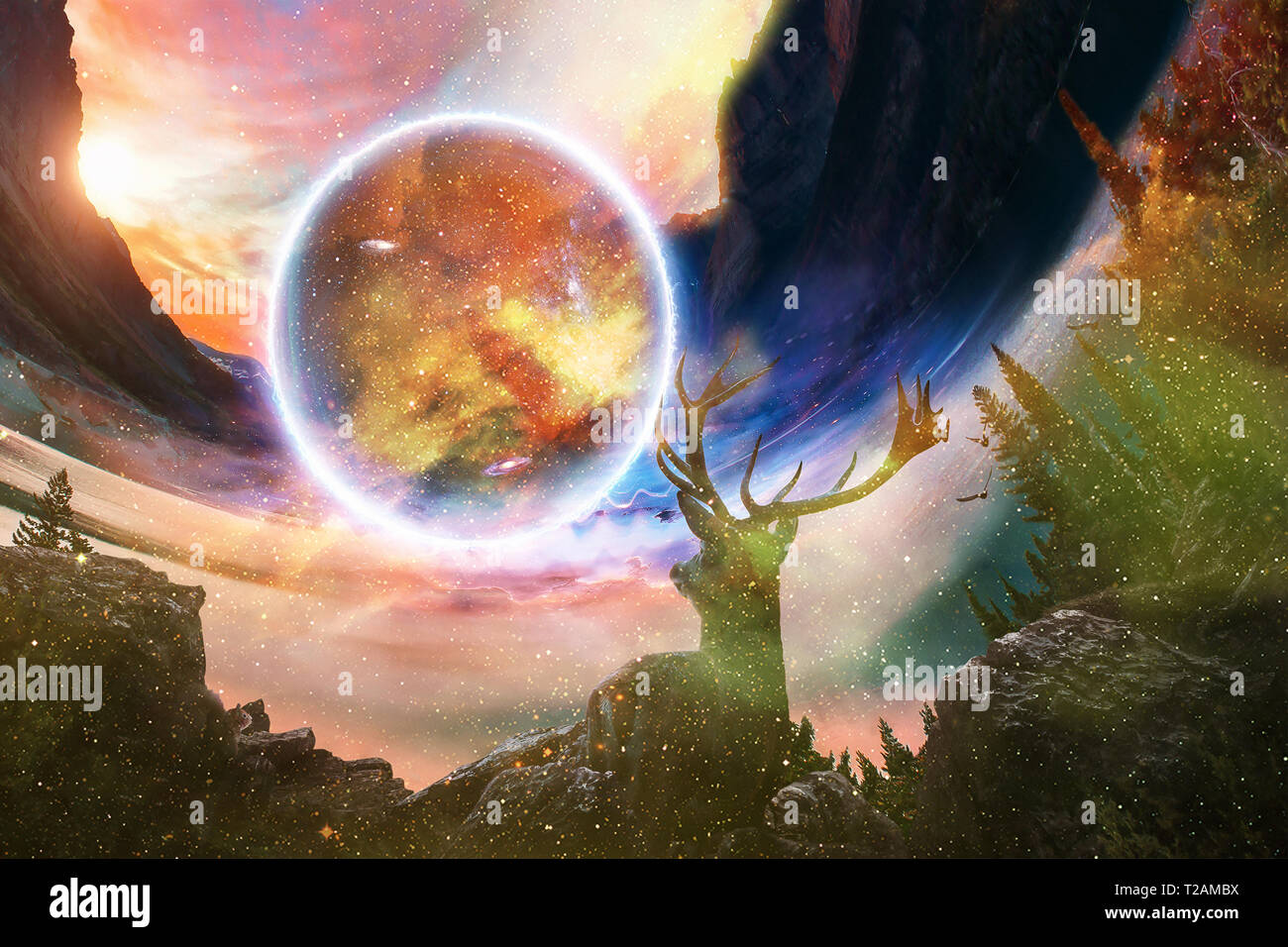 Beautiful Young Dreamy Deer On Dramatic Starry Galaxy Background