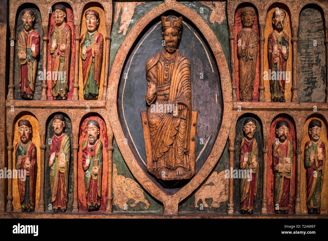 Romanesque art in the National Art Museum of Catalonia,Barcrelona,Altar frontal of Santa maria in Taüll (1200AC).Boí valley. Stock Photo