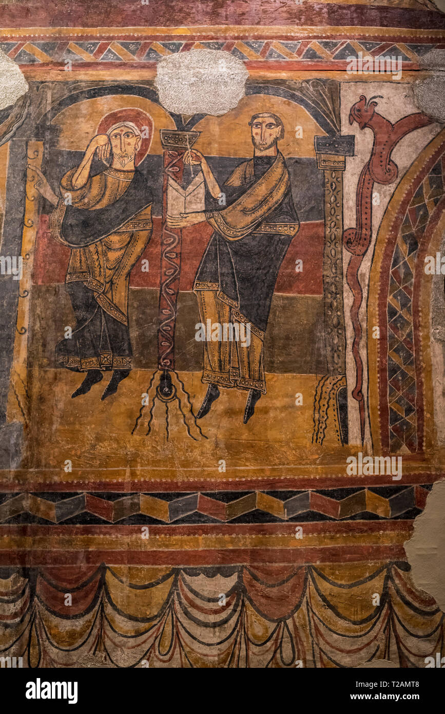 Romanesque art in the National Art Museum of Catalonia,Barcrelona,paintings of Santa Maria in Taüll (1123 AC).Boí valley. Stock Photo