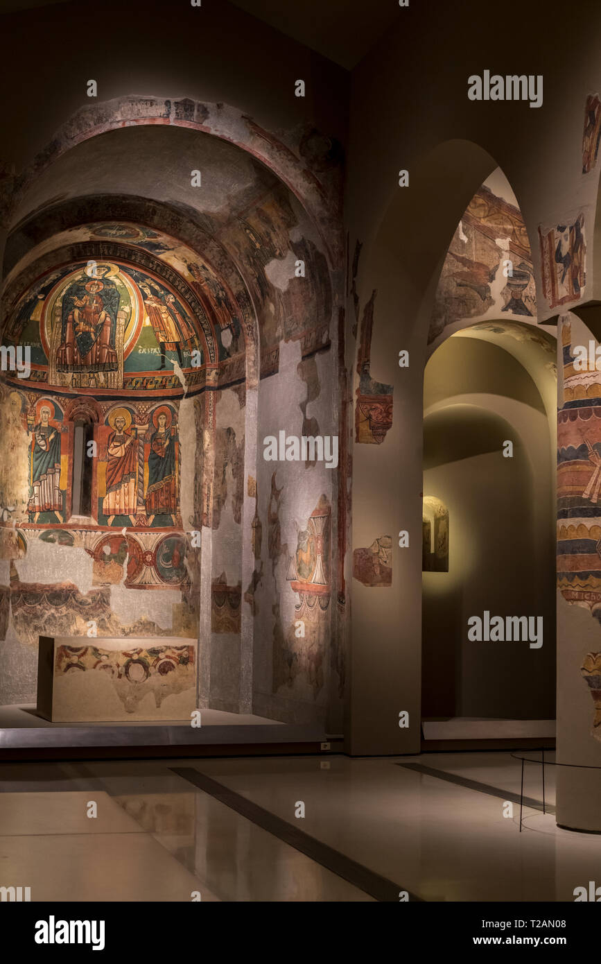 Romanesque art in the National Art Museum of Catalonia,Barcrelona,paintings of Santa Maria in Taüll (1123 AC).Boí valley. Stock Photo