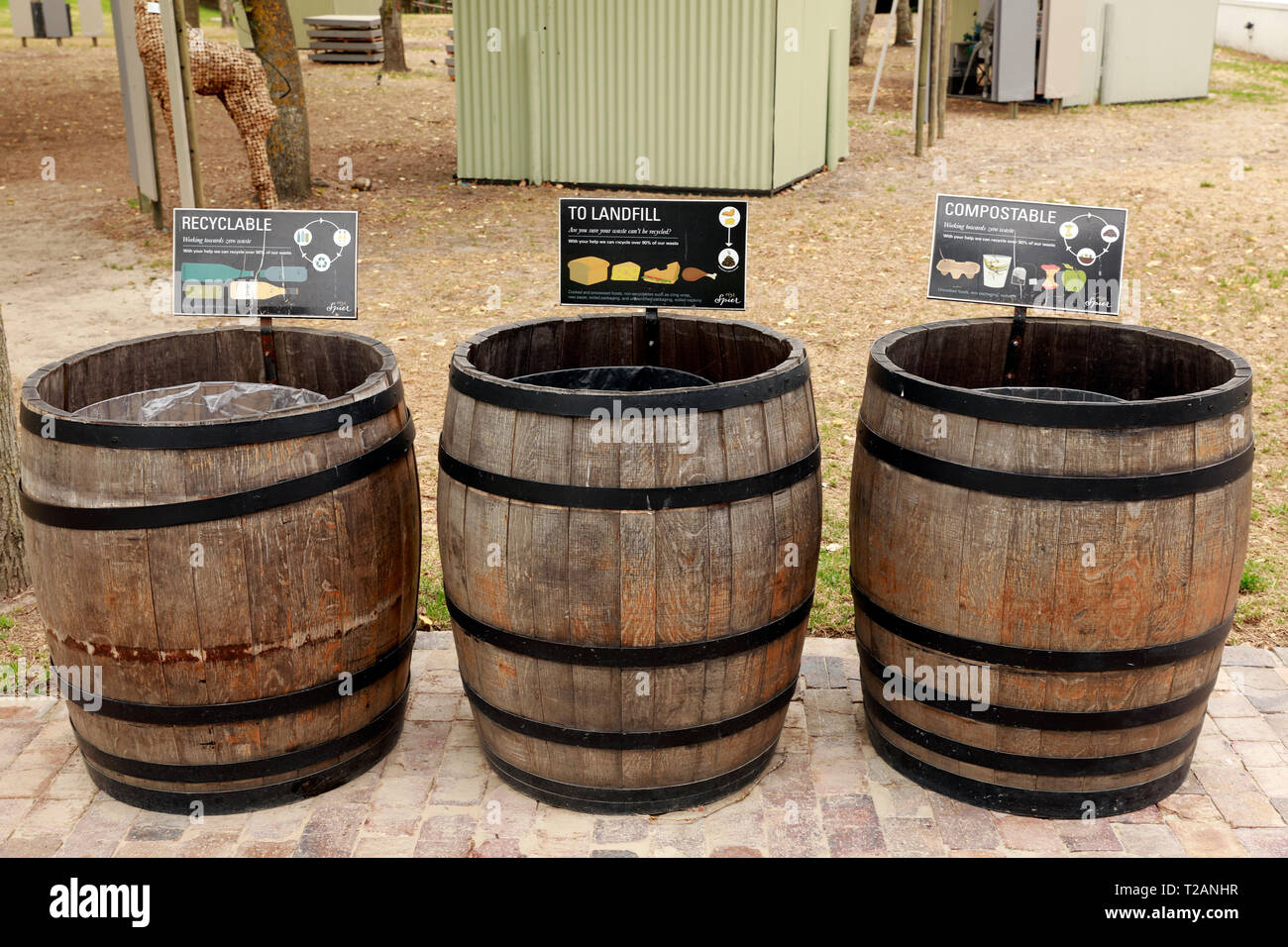 Refuse bins in wine crates for recycling, composting and landfill at
