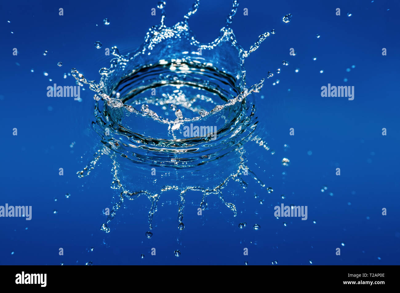 Blue colored water drop splash. Macro shot Stock Photo
