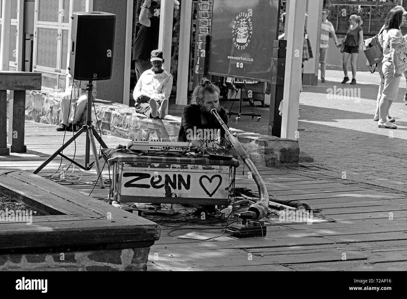 Area allocated to buskers in the V&A Waterfront in Cape Town, South Africa. Stock Photo