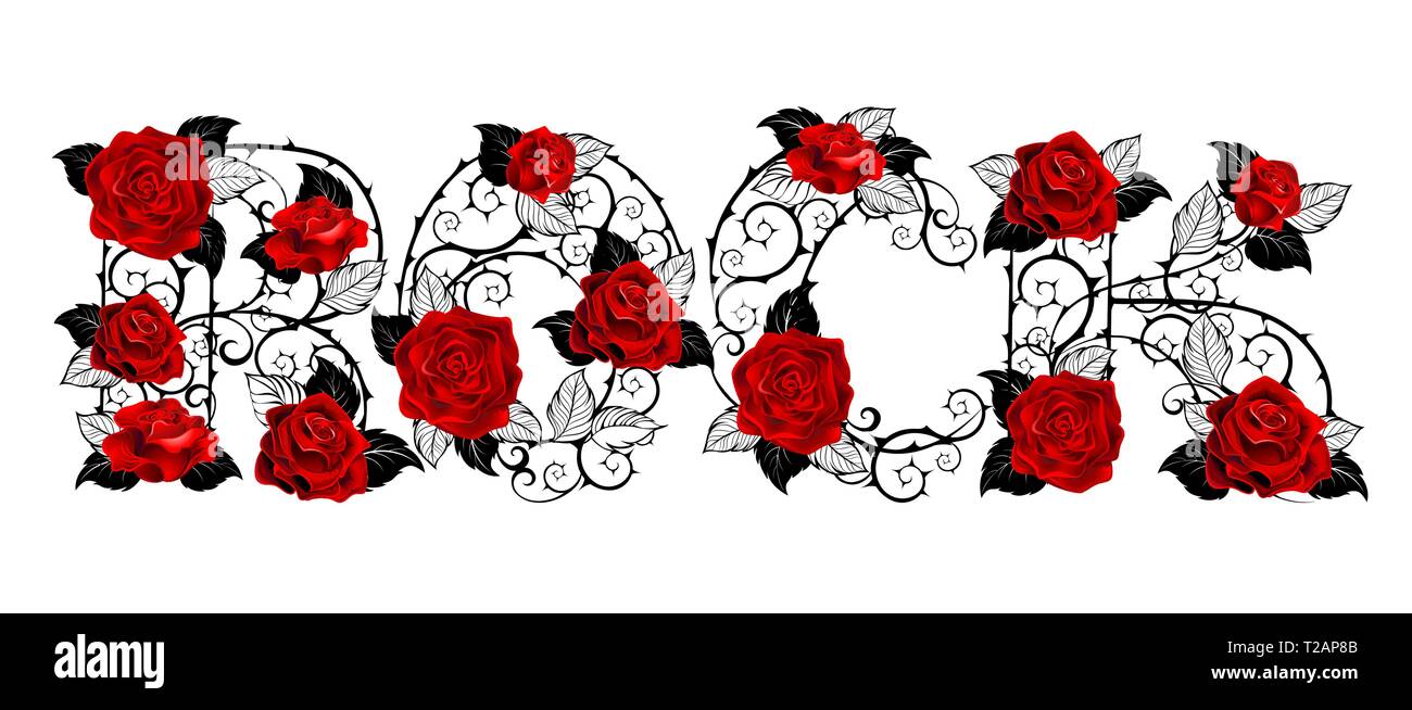 Creative inscription rock of woven black, thorny stems with red realistic roses, painted in tattoo style on white background. Stock Vector