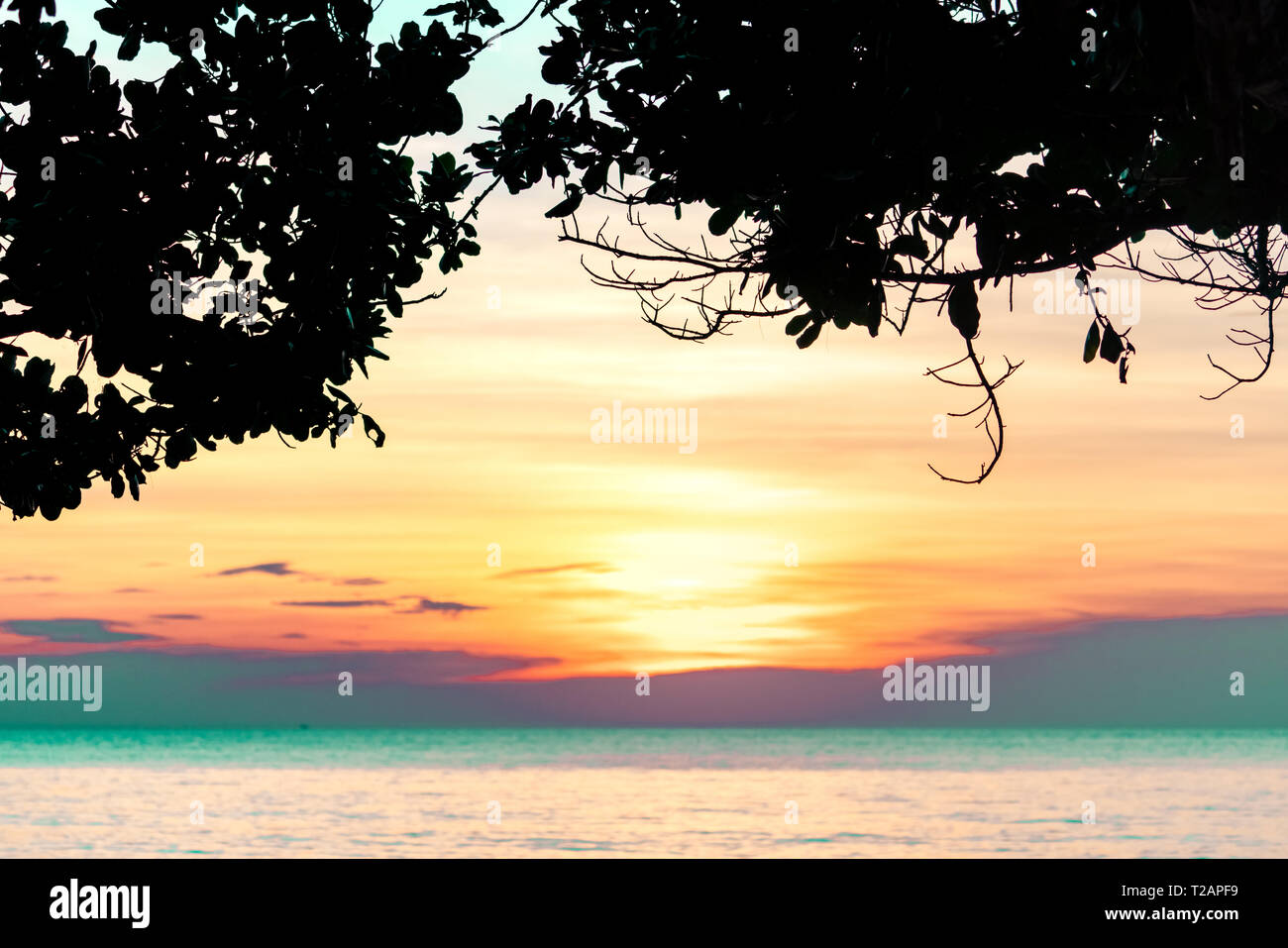 Beautiful Sunset At Tropical Paradise Beach View From Under The Tree At Seaside In The Evening At Sunset Beach Summer Vibes Summer Vacation Backgro Stock Photo Alamy