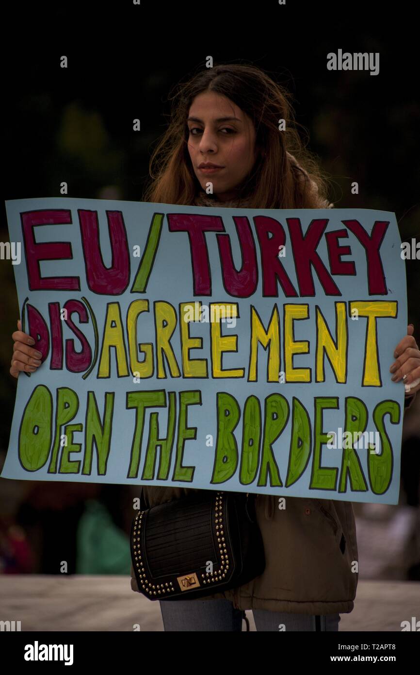 Refugee protests against EUTurkey Agreement (Refugee Deal). Sign "EU