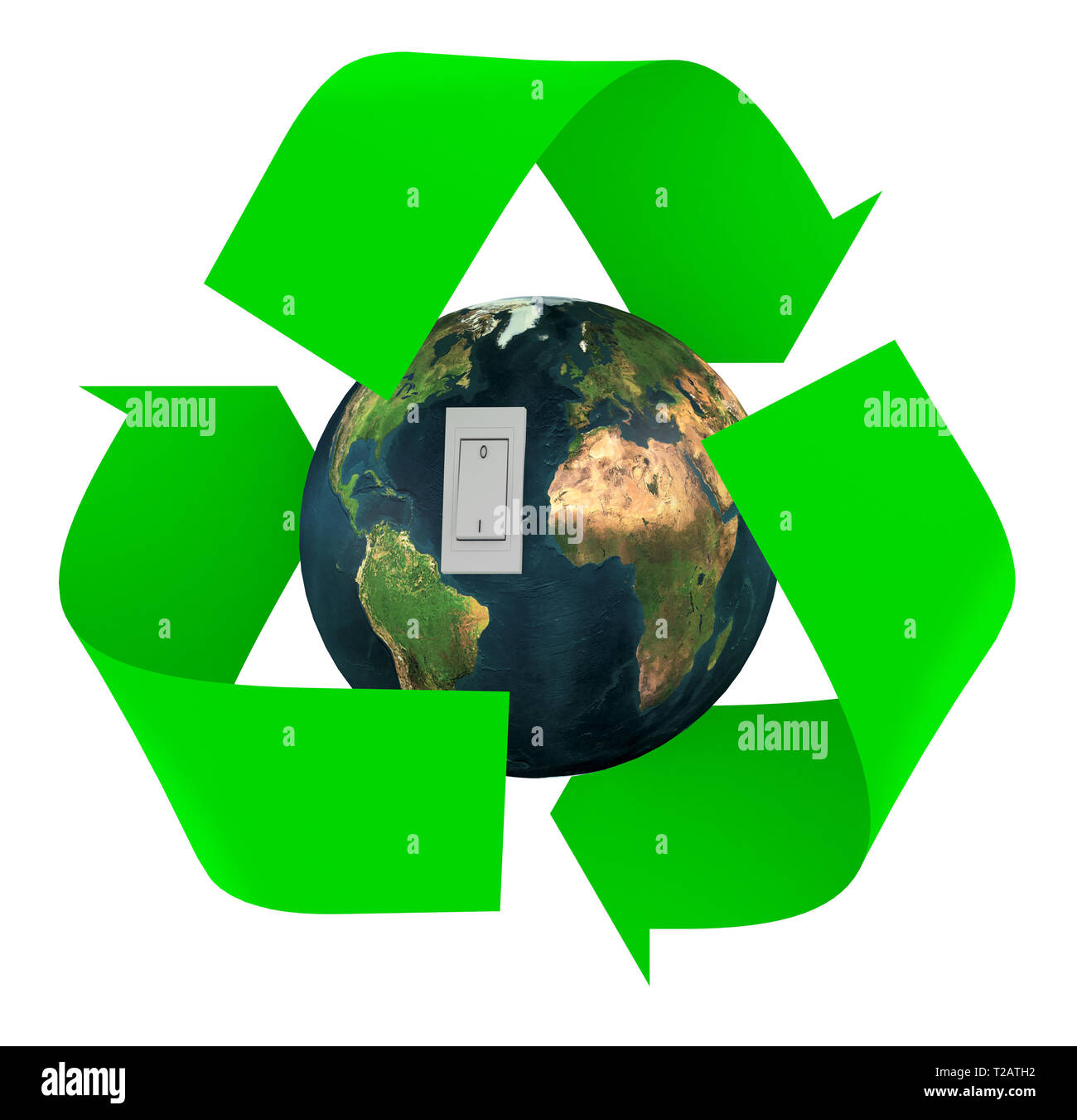green recycle symbol with earth inside and switch, isolated 3d illustration. Elements of this image furnished by NASA. Stock Photo