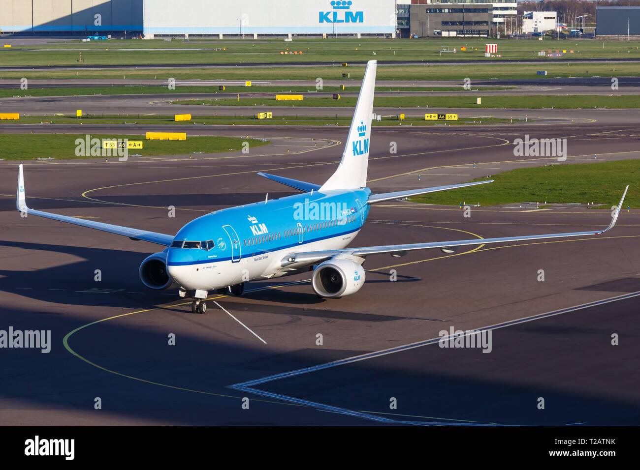 Amsterdam, Netherlands – April 19, 2015: KLM Royal Dutch Airlines Boeing 737-700 airplane at Amsterdam Schiphol Airport (AMS) in the Netherlands. | usage worldwide Stock Photo