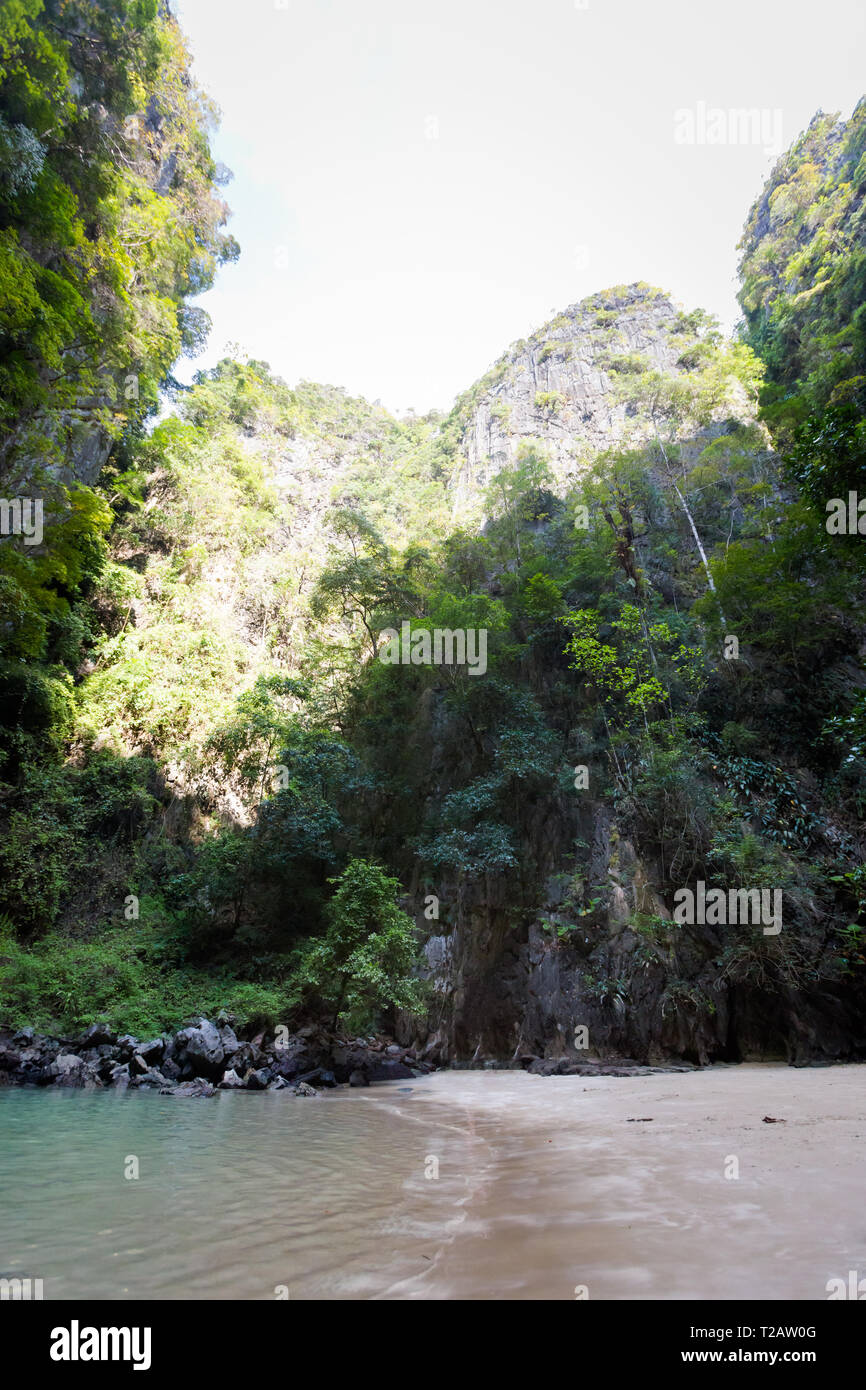 Emerald Cave (Tham Morakot) on tropical Koh Mook island in Thailand. Landscape taken inside on the beach Stock Photo
