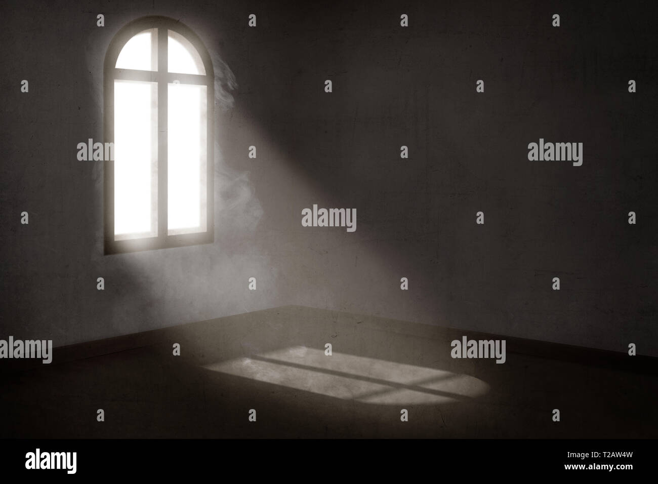 Light from outside the windows illuminate the dark room hires stock