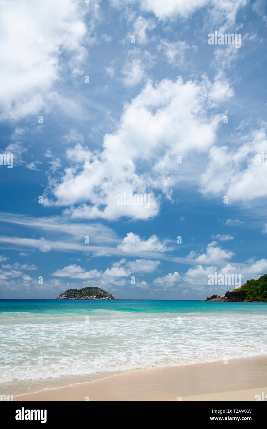 Grand Anse Beach looking toward Il Aux Vaches on the west coast of Mahe, the Seychelles Stock Photo