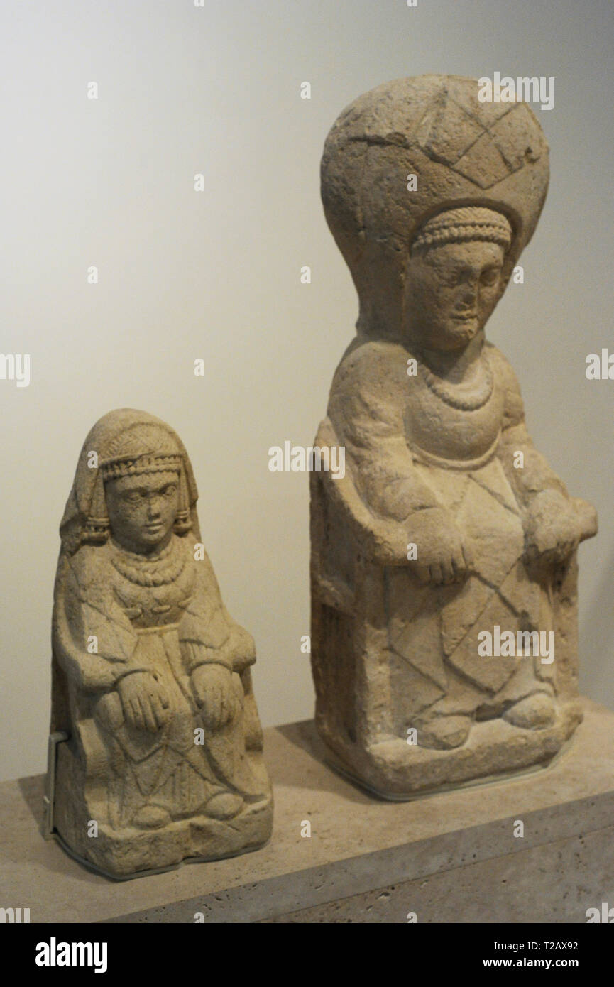 Seated ladies. 3rd century BC. Iberian culture. Limestone. From the Shrine of Cerro de los Santos (Montealegre del Castillo, Albacete province, Castile-La Mancha, Spain). National Archaeological Museum. Madrid. Spain. Stock Photo