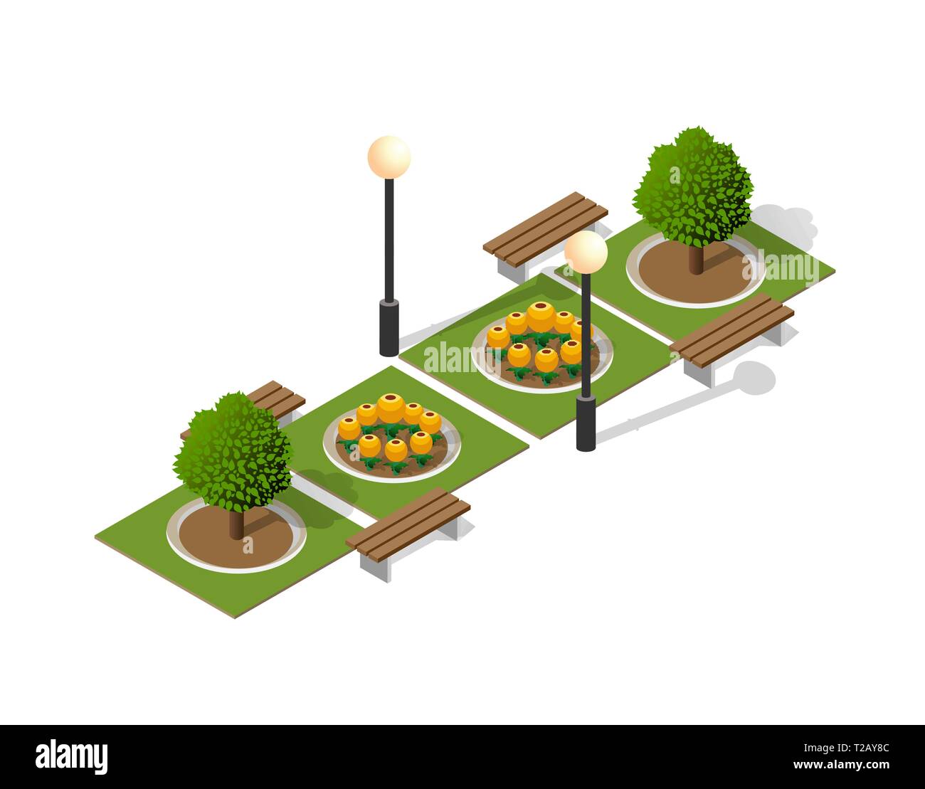 Park nature with trees landscape isometric city with benches and ...