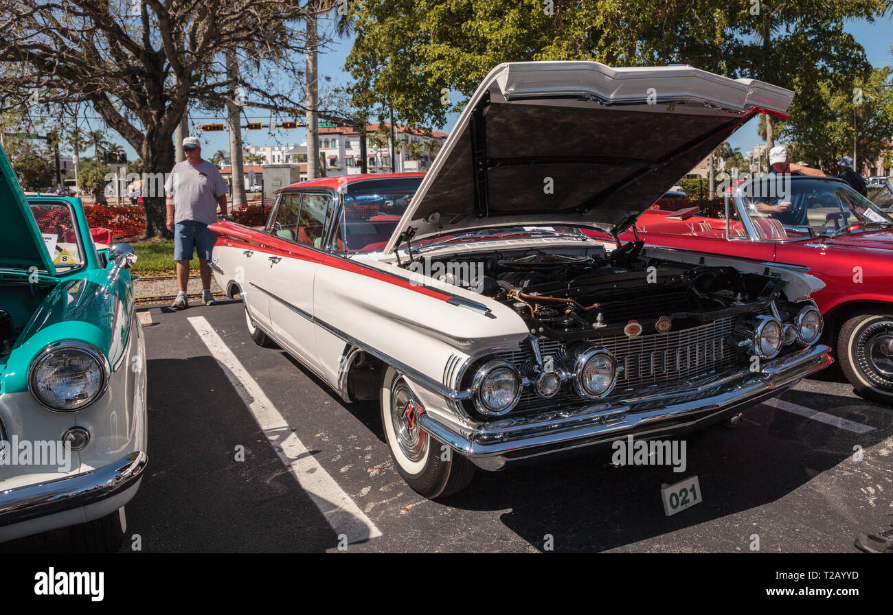 Naples, Florida, USA – March 23,2019: White 1959 Oldsmobile 98 at the 32nd Annual Naples Depot Classic Car Show in Naples, Florida. Editorial only. Stock Photo