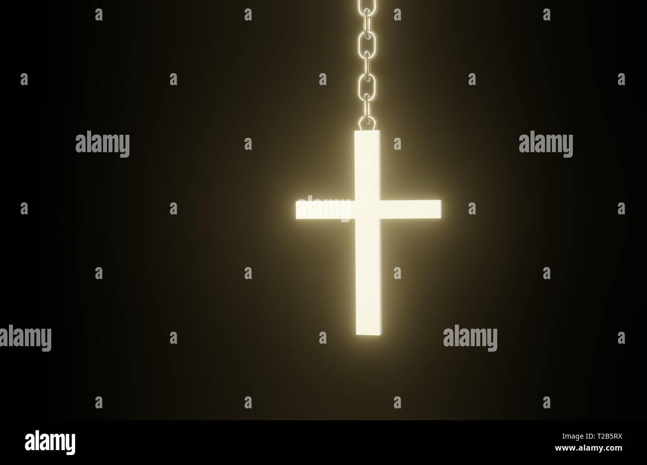 Golden 3D Christian cross on a chain hanging in the dark Stock Photo