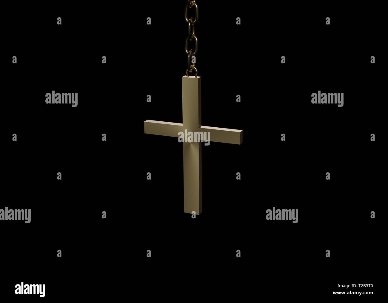 Golden 3D Christian cross on a chain hanging in the dark Stock Photo