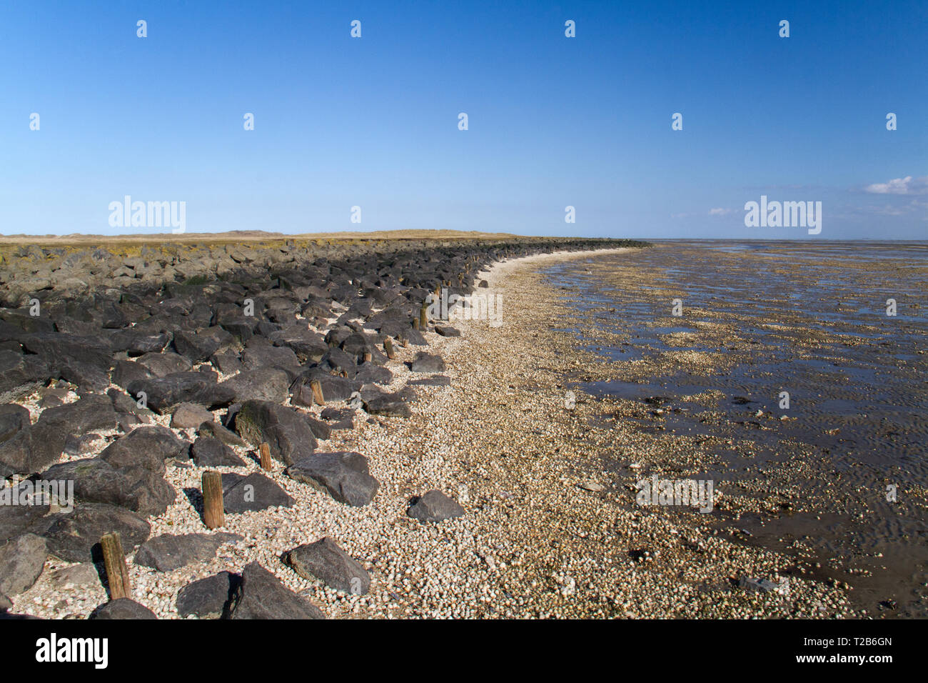 Dike in the Netherlands at ebb tide, boulders used for toe protection Stock Photo
