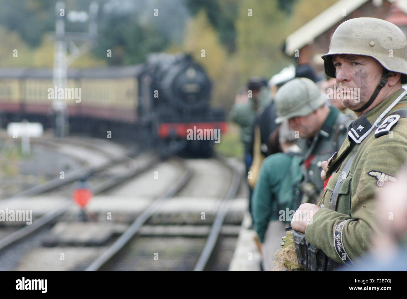 SS-Sonderkommandos reenactment on steam railway Stock Photo