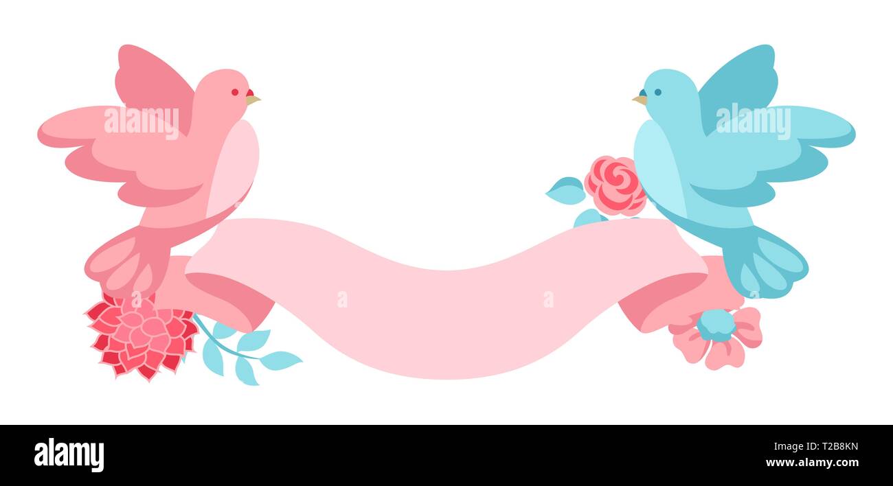Pink and blue dove holding ribbon with flowers. Illustration for Wedding or Valentine day. Stock Vector