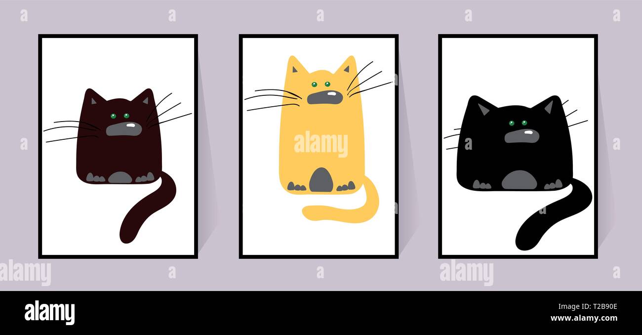 Three cats. Posters with different funny animal characters. Black, red and brown cats with large whiskers. Cartoon animals - thick, long and medium. V Stock Vector