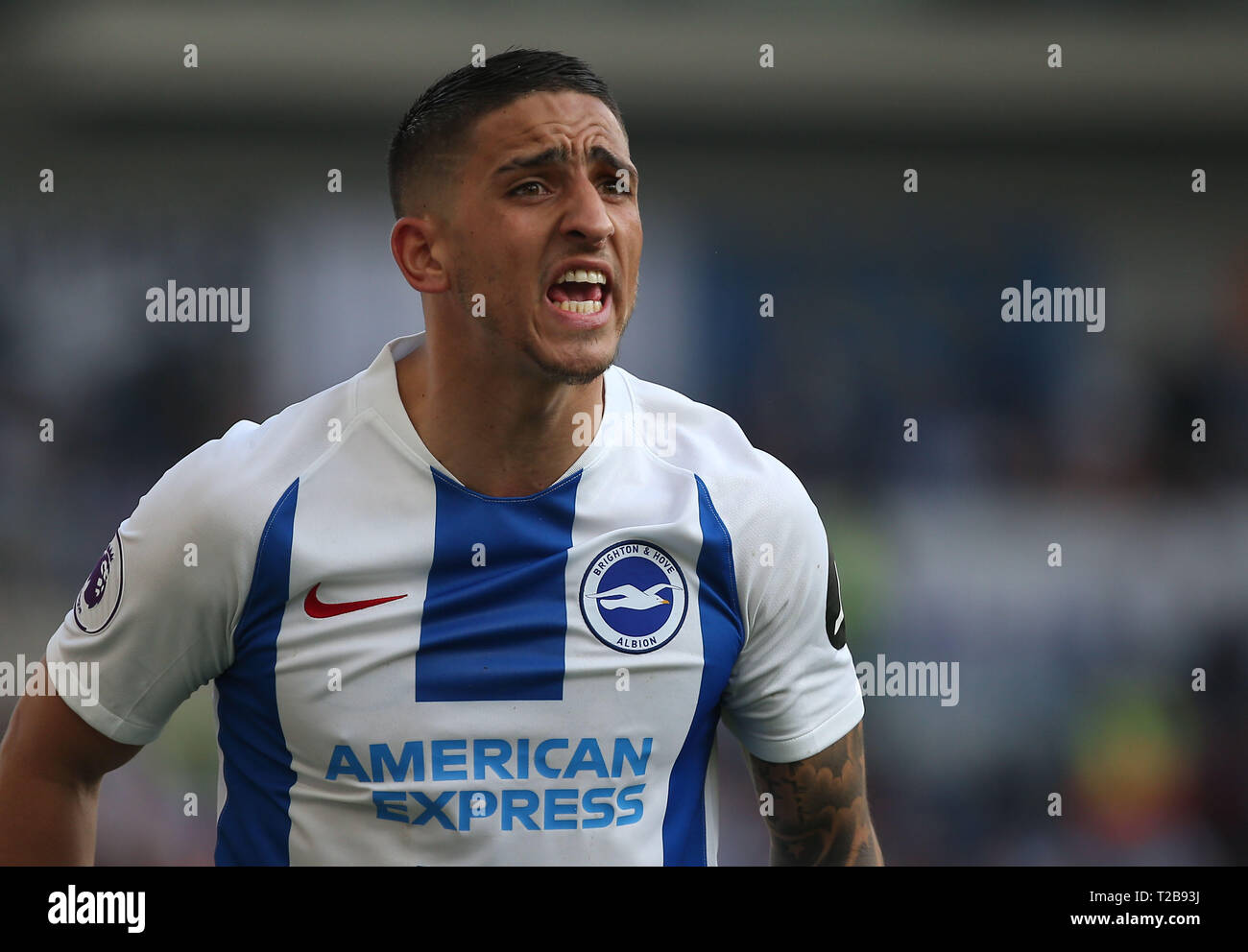 Brighton's Lewis Dunk gestures during the English Premier League match between Brighton Hove Albion and Southampton at the Amex Stadium in Brighton. 30 March  2019 Photo James Boardman / Telephoto Images EDITORIAL USE ONLY. No use with unauthorized audio, video, data, fixture lists, club/league logos or 'live' services. Online in-match use limited to 120 images, no video emulation. No use in betting, games or single club/league/player publications. Stock Photo