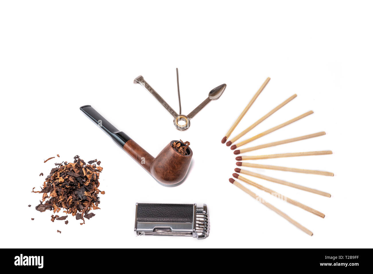 Pipe, accessory and tobacco isolated on white, pipe ruffs, matches
